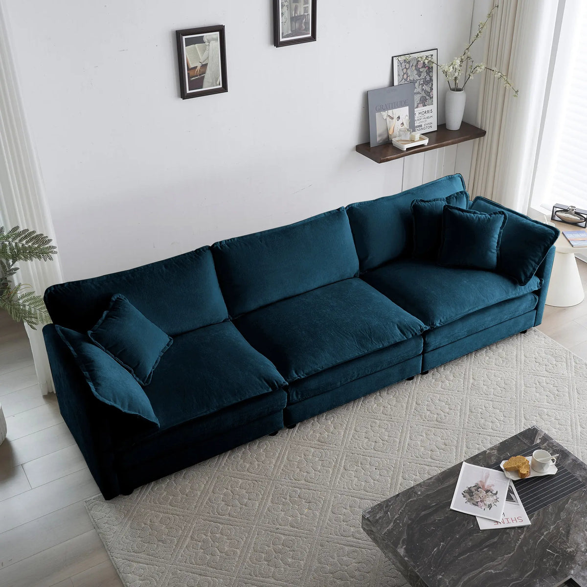 Mid-Century Modern 3-Seater Sofa | Blue Chenille Couch with 5 Pillows for Living Room Next Gen Luxe Solutions