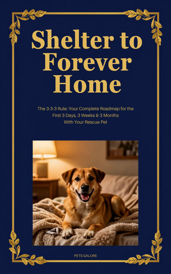 A book cover titled "Shelter to Forever Home" with gold text and decorative gold border on a dark navy background. A photo of a brown and white dog lying on a bed appears in the center.