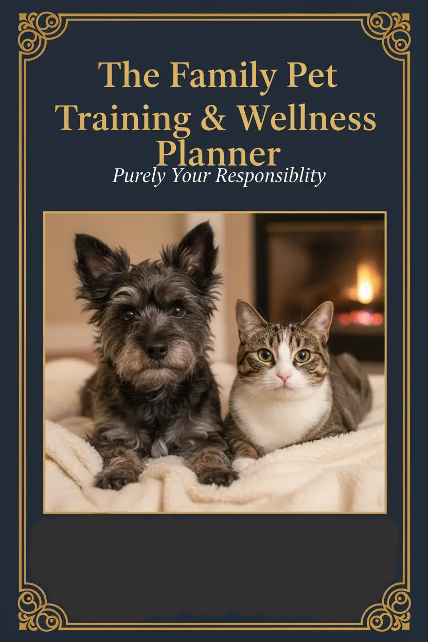 Book cover of 'The Family Pet Training & Wellness Planner' with a dog and cat on a blanket.