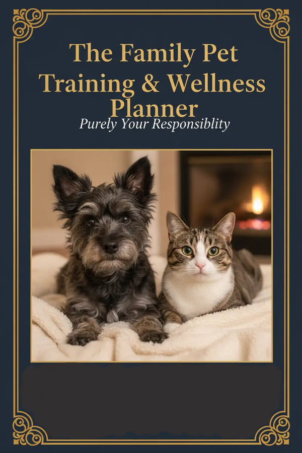 Book cover of 'The Family Pet Training & Wellness Planner' with a dog and cat on a blanket.